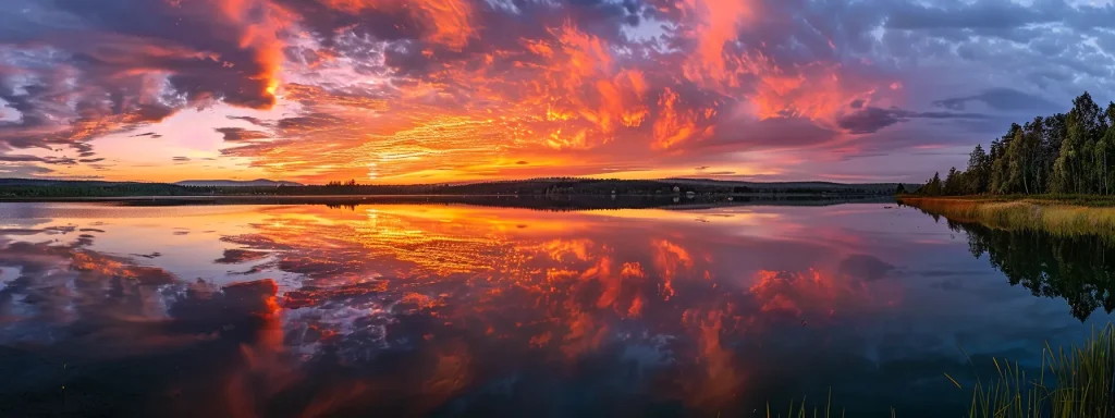 a breathtaking sunset casts vibrant hues of orange and pink across a tranquil lake, reflecting the fiery sky and creating a serene atmosphere of beauty and calm.