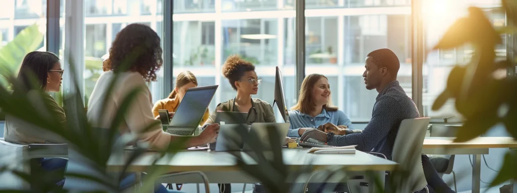 a focused and professional office environment showcases a diverse group of motivated individuals engaged in a collaborative discussion, surrounded by medical coding materials and modern technology, illustrating the dynamic preparation for a career in medical billing and coding.