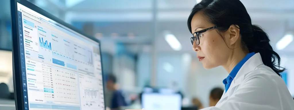 a focused healthcare professional reviews a patient's digital eligibility dashboard on a sleek monitor in a modern office, illuminated by bright overhead lights, conveying a sense of precision in the medicare eligibility check process.