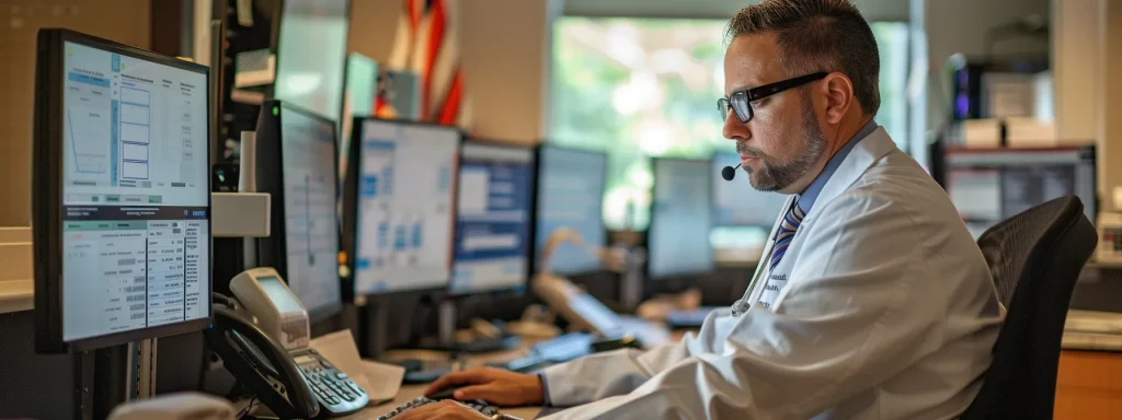 a focused healthcare professional works intently at a modern office desk, surrounded by digital screens displaying complex telehealth billing information and insurance claim challenges, illuminated by soft overhead lighting that emphasizes a sense of urgency and expertise in streamlining medical billing processes.