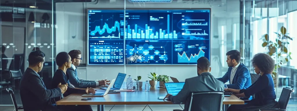 a focused office setting displays a sleek conference room with a large digital screen showcasing trends in medical billing and coding, featuring engaged professionals analyzing data graphs and discussing projections for job growth amidst a backdrop of modern technology.