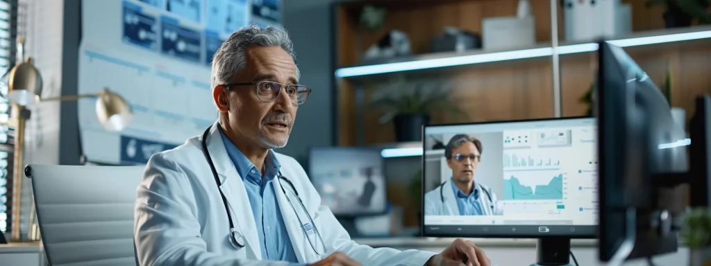 a focused, professional scene of a medicare representative seated at a sleek office desk engaged in a video consultation, surrounded by informative charts and patient resources, emphasizing clarity and expertise in healthcare guidance.