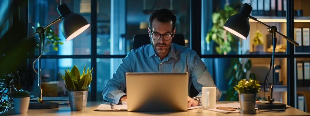 a focused professional sits at a sleek office desk adorned with coding manuals and certification guides, illuminated by the soft glow of a desk lamp, as they engage with a laptop displaying complex medical coding software, reflecting the essential blend of technical expertise and interpersonal skills needed for future medical coders.