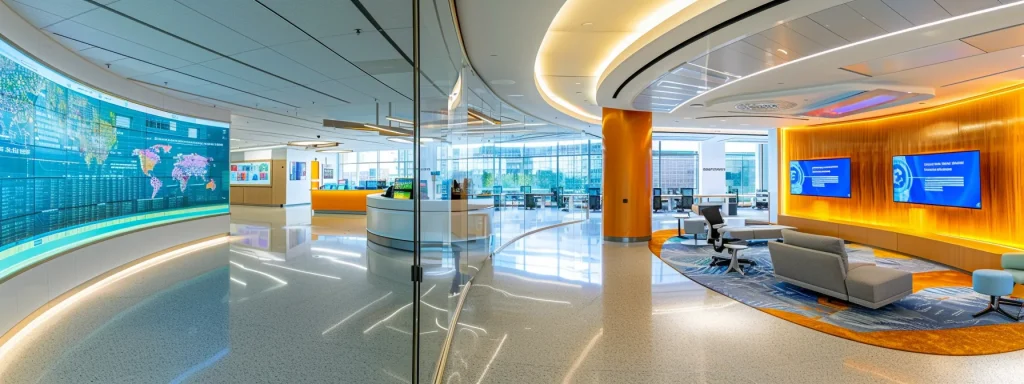 a futuristic office filled with sleek technology displays illustrates the integration of telehealth and medical billing, featuring digital screens showcasing data analytics and innovative billing solutions in a vibrant, modern workspace.