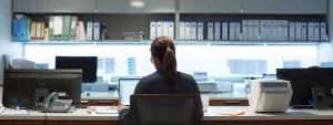 a modern medical billing office features a sleek desk where a focused professional reviews credentialing documents on a digital tablet, illuminated by soft overhead lights that highlight the organized, high-tech workspace.