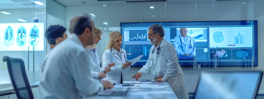 a modern medical office environment showcases a focused team collaborating around a sleek conference table, examining detailed documents and digital screens, symbolizing the strategic implementation of credentialing services to enhance operational efficiency.