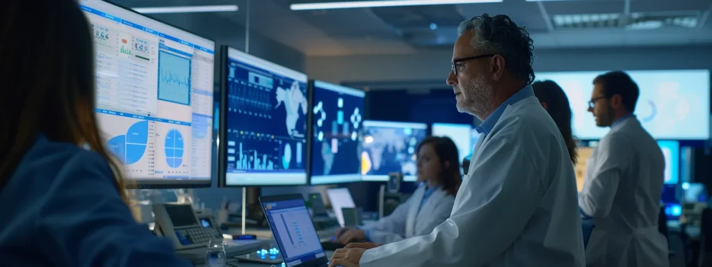 a modern office environment featuring a diverse team of healthcare professionals collaboratively analyzing telehealth billing data on sleek digital devices, illuminated by bright overhead lighting, emphasizing the dynamic integration of technology in enhancing revenue practices.