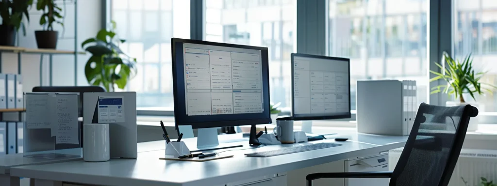 a modern office environment featuring a sleek desk with dual monitors displaying telehealth billing software, surrounded by organized medical files, illustrating the evolution of medical billing practices in the era of virtual consultations.