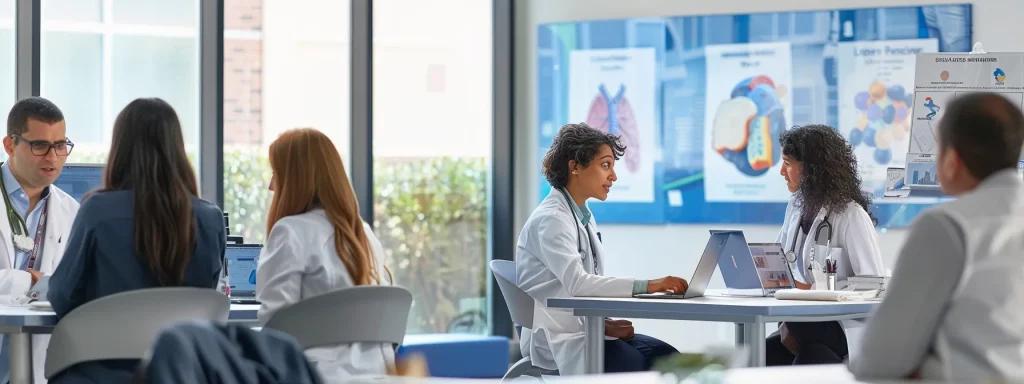 a modern office environment showcases healthcare professionals engaging with digital resources on sleek laptops and tablets, surrounded by informative posters about medicare eligibility and vibrant displays of community support.