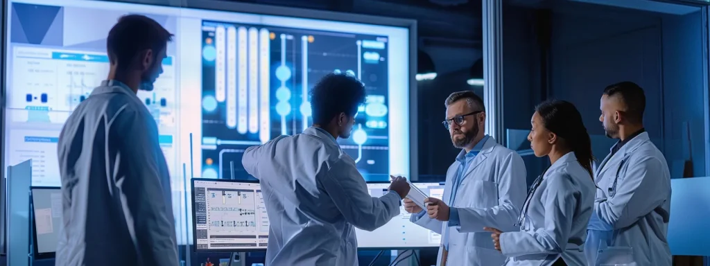 a modern office environment showcases a focused team of medical billers collaborating around a large digital screen displaying streamlined credentialing flowcharts and checklists, illuminated by soft, clear artificial lighting that highlights their engaged expressions and the high-tech workspace.