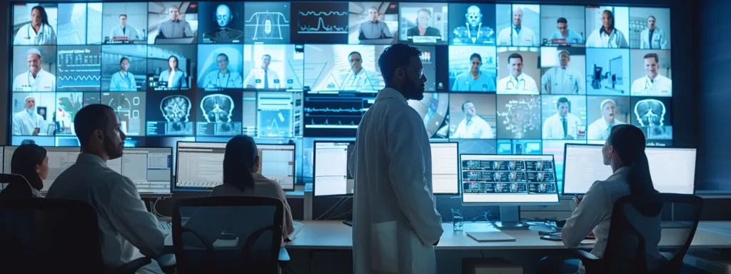 a modern office setting features a diverse group of healthcare professionals collaborating over telehealth billing regulations, surrounded by digital compliance documents and high-tech screens displaying hipaa guidelines and state regulations.