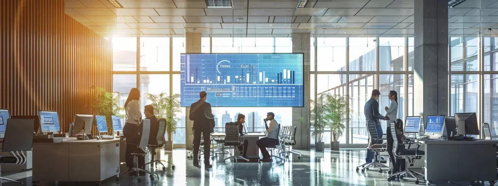 a modern office space buzzes with activity as medical billing specialists collaborate over digital screens displaying vibrant data trends and coding classifications, highlighting the dynamic evolution of the job market in the healthcare sector.