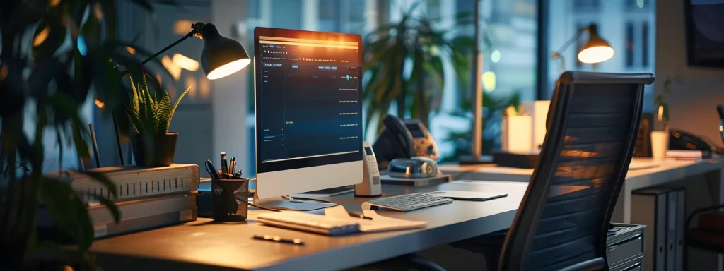 a modern office space features a sleek computer workstation illuminated by soft artificial lighting, displaying a user-friendly interface for online medicare eligibility verification, emphasizing efficiency and accessibility for healthcare providers assisting elderly patients.