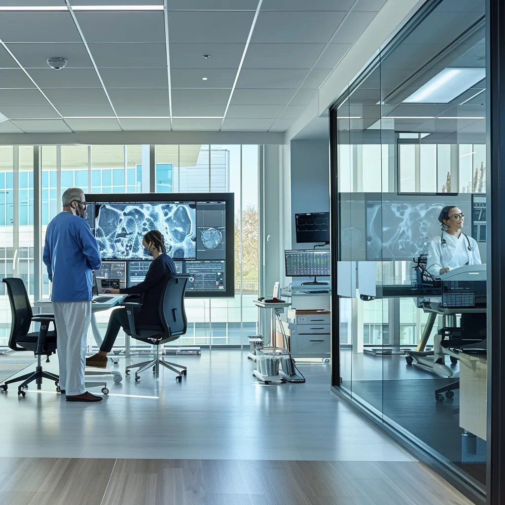 a modern, sleek office environment showcasing a healthcare professional engaged in a telehealth consultation, surrounded by advanced medical technology and vivid digital displays reflecting patient data and billing information.