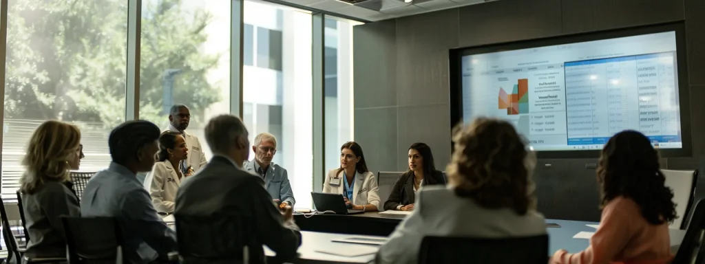 a polished office setting showcases a diverse team of professionals engaged in a focused discussion around a digital screen displaying medical billing processes, emphasizing the clarity and efficiency of credentialing in healthcare management.