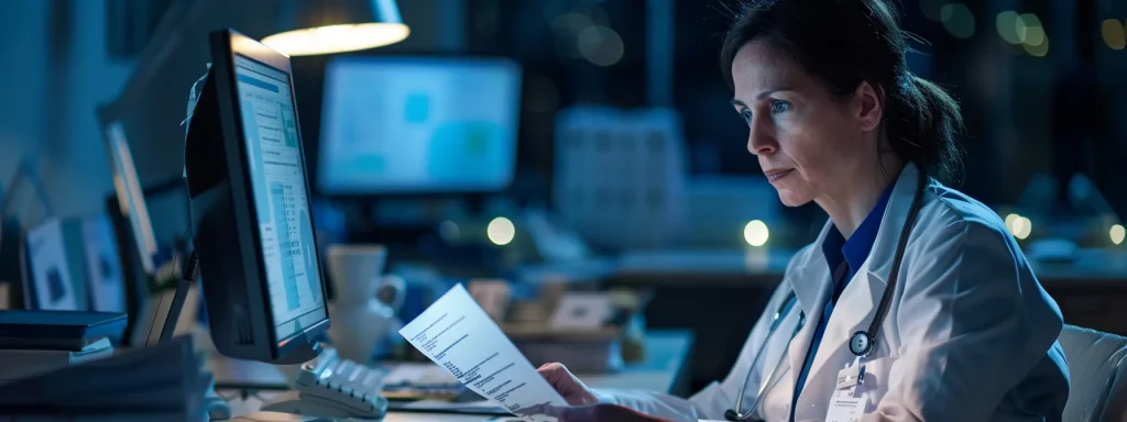 a professional medical office setting with a focused billing specialist analyzing credentialing documents on a sleek computer, illuminated by soft, artificial lighting, emphasizing efficiency and organization in the medical billing process.