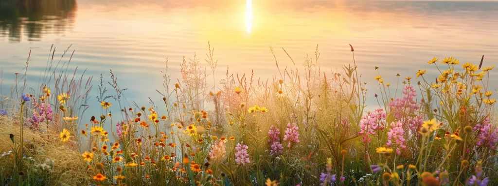 a radiant sunrise casts golden hues across a serene lake, where vibrant wildflowers bloom along the shore, reflecting the tranquil beauty of nature.
