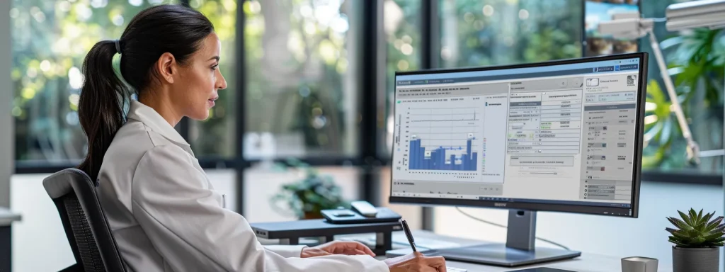 a serene and focused healthcare professional studies patient data on a sleek digital interface in a modern office, illuminated by soft natural light filtering through large windows, symbolizing clarity and efficiency in medical billing and care.