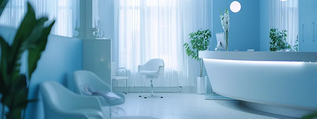 a serene healthcare environment with a calming blue and white color palette, showcasing a professional medical office where dedicated staff efficiently process billing under soft, natural lighting, embodying simplicity and care in patient service.