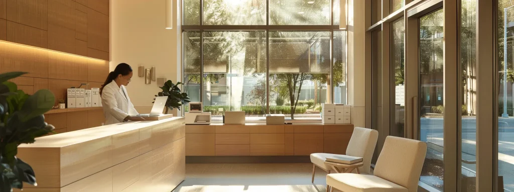a serene, modern healthcare office bathed in warm natural light, featuring a focused medical professional reviewing streamlined billing documents, symbolizing clarity and efficiency in patient care.