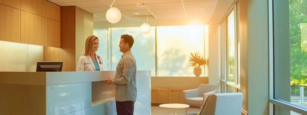 a serene, modern healthcare office bathed in warm light, featuring a focused healthcare professional thoughtfully engaging with a patient, encapsulating the essence of compassionate care and streamlined medical billing services.
