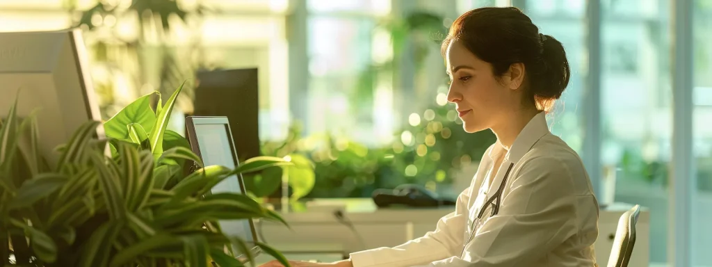 a serene office environment bathed in soft, warm light, showcasing a focused healthcare professional engaging thoughtfully with a computer screen, symbolizing the seamless integration of care and efficient medical billing services.