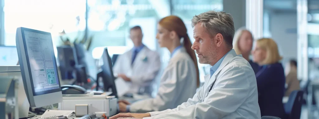 a sharp-focus office scene showcases a diverse team of certified billers and medical coding experts intently monitoring digital dashboards and health information technology interfaces, emphasizing the critical nature of tracking medicare eligibility changes for uninterrupted patient care.