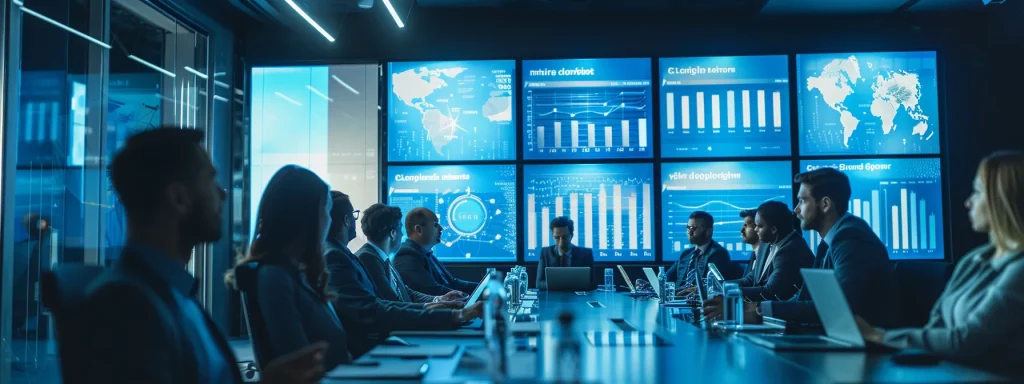 a sleek, modern office conference room filled with professionals engaged in an animated discussion, surrounded by digital screens displaying graphs and charts analyzing the costs and benefits of credentialing services for medical practices.