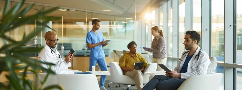 a sleek, modern office environment showcases a diverse group of healthcare professionals intently discussing and analyzing various medicare coverage options on digital tablets and charts, emphasizing collaboration and patient-centered care.