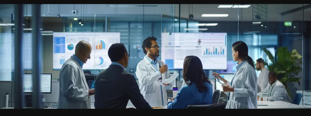 a sleek, modern office environment showcases a diverse team of professionals engaged in a dynamic discussion over complex medical billing charts and compliance regulations, illuminated by vibrant overhead lighting that highlights their focused expressions.