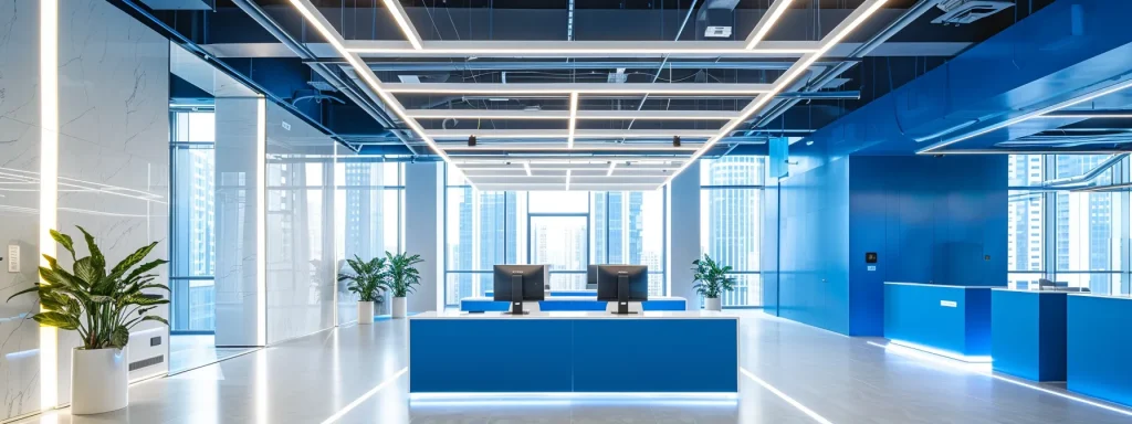 a sleek, modern office filled with vibrant blue and white decor showcases a confident professional engaging in a dynamic presentation, illuminated by overhead led lights that enhance the energetic atmosphere.