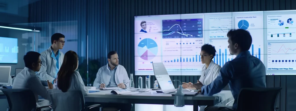 a sleek, modern office filled with healthcare professionals collaborating around a large digital display, showcasing charts and graphs illustrating the scalability of outsourced medical billing operations, illuminated by bright, focused lighting to emphasize productivity and innovation.