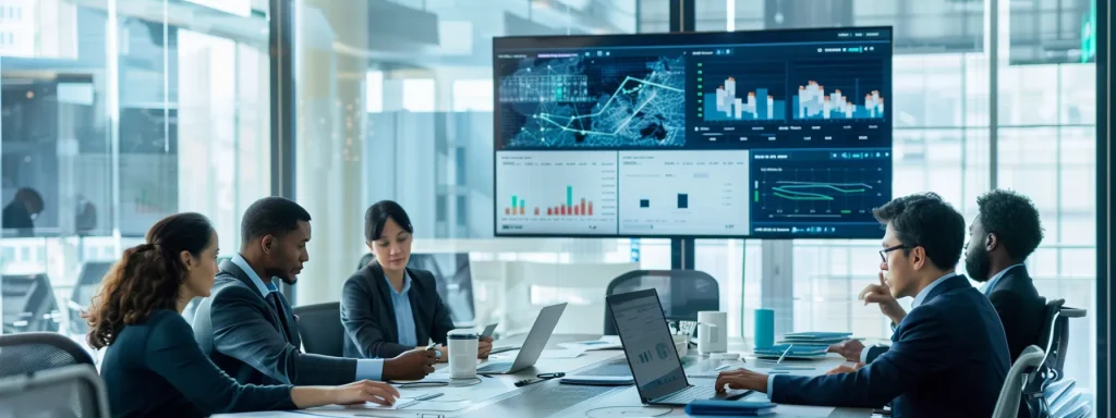 a sleek, modern office setting showcases a diverse team of professionals collaborating around a high-tech conference table, analyzing data on advanced billing software displayed on large monitors, symbolizing enhanced accuracy in medical billing processes.