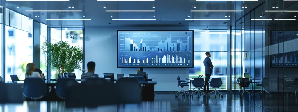 a sleek, modern office space filled with innovative technology and dynamic team collaboration, featuring a large digital screen displaying real-time data analytics against a backdrop of glass walls and contemporary furnishings.