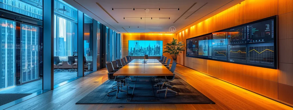 a sleek modern office space is illuminated by vibrant ambient lighting, featuring a polished conference table surrounded by high-backed chairs, with large digital screens displaying dynamic data visualizations that emphasize innovation and collaboration.