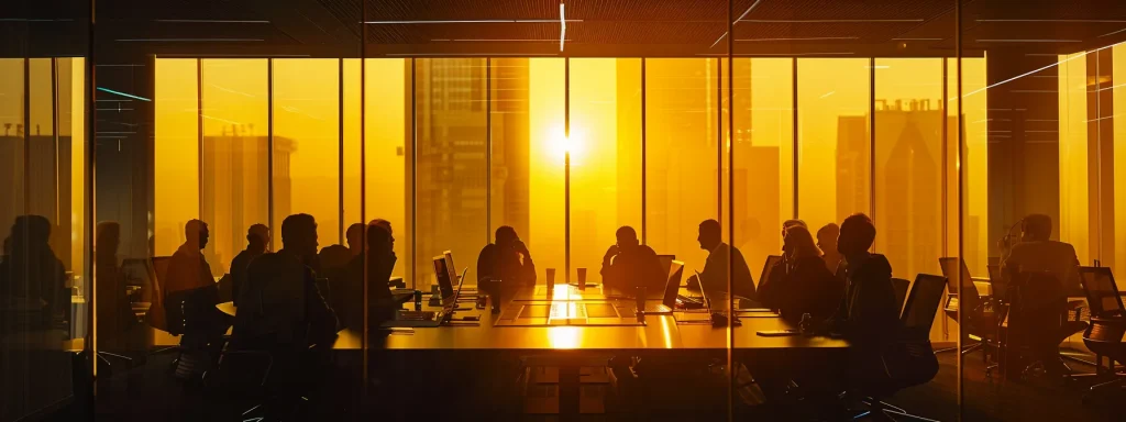 a sleek, modern office space with expansive windows highlights a diverse team engaged in a collaborative brainstorming session, illuminated by vibrant, artificial lighting that enhances the energetic atmosphere.