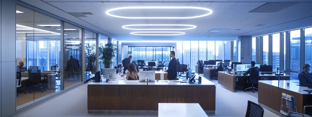 a sleek, modern office space filled with advanced technology, showcasing health information technicians engaged in digital medical coding and billing tasks on high-tech workstations, illuminated by dynamic led lighting that emphasizes the innovative atmosphere.
