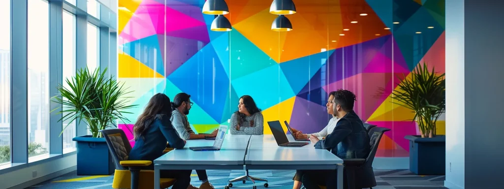 a sleek, modern office with vibrant geometric artwork on the walls, showcasing a collaborative team engaged in an energetic brainstorming session around a glossy conference table illuminated by dynamic, overhead lighting.