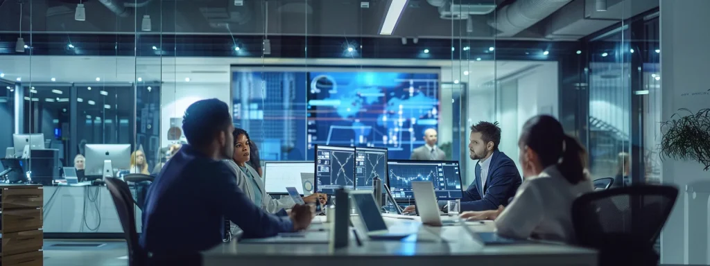 a sleek, modern office with a focused team of diverse medical billing professionals collaborating over digital screens, illustrating the dynamic process of optimizing revenue through outsourced services and efficient claim management.