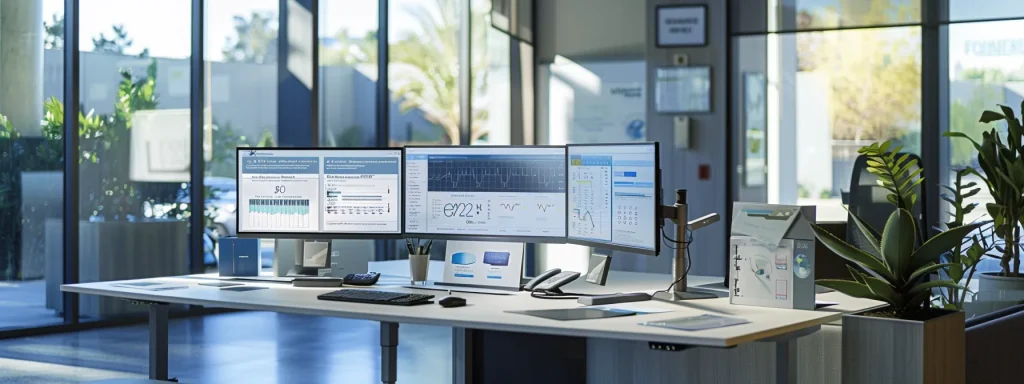 a sleek modern office workspace features a high-tech computer screen displaying a user-friendly telehealth billing interface, surrounded by digital tools and automated systems, emphasizing efficient communication and transparency in patient billing processes.