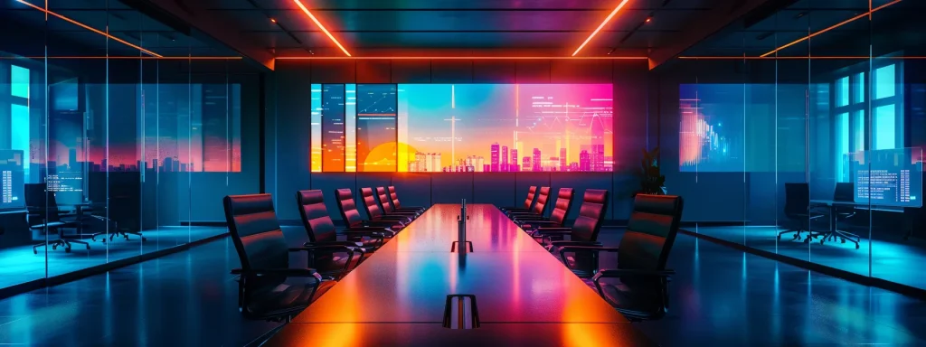 a sleek, modern office workspace is illuminated by vibrant overhead lights, showcasing a polished conference table surrounded by ergonomic chairs, with a large digital screen displaying dynamic business graphics.