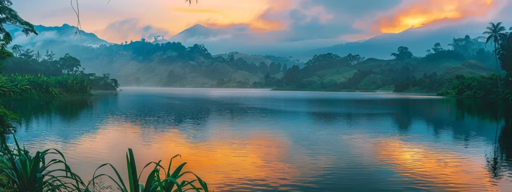 a vibrant sunrise illuminates a serene lake surrounded by lush, mist-covered mountains, reflecting a palette of warm oranges and cool blues on the water's surface.