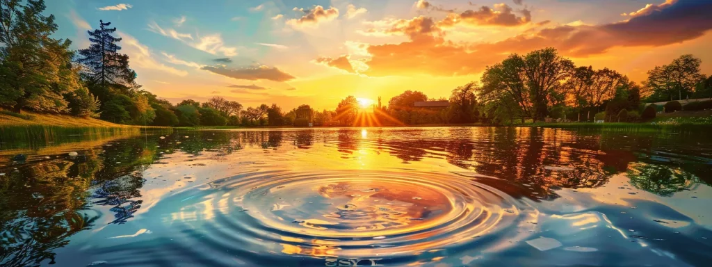 a vibrant sunset casts a warm golden glow over a tranquil lake, with gentle ripples reflecting the colorful sky, creating a serene and picturesque landscape.
