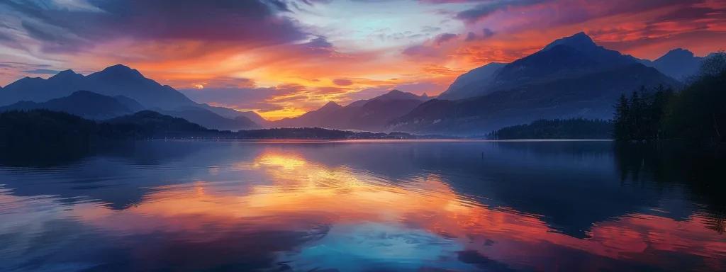 a vibrant sunset casts a warm golden glow over a serene lake, with majestic mountains reflecting in the crystal-clear water beneath a sky painted with hues of orange and purple.