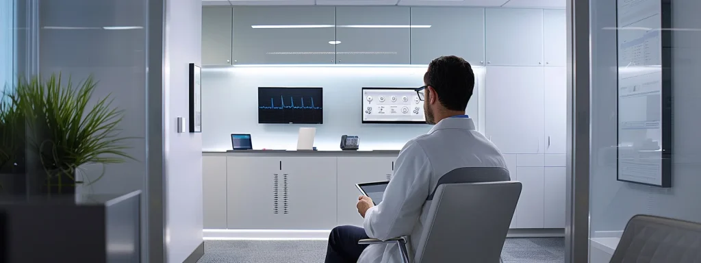 an engaged healthcare professional in a sleek, modern office examines a digital tablet displaying telehealth billing protocols, highlighting the integration of advanced technology into contemporary medical billing practices.