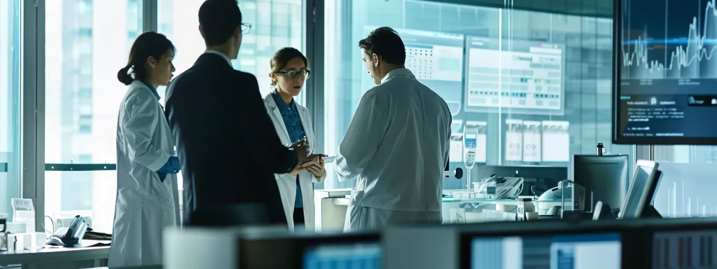 an engaging urban office setting showcases a dynamic healthcare team in discussion, surrounded by sleek technology and digital screens displaying medical coding data, symbolizing the optimization of core healthcare services through efficient outsourcing of billing.