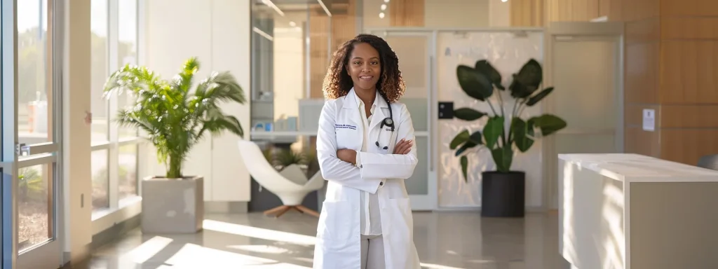 a serene healthcare professional stands confidently in a bright, modern clinic, surrounded by calming colors and minimalist d&eacute;cor, symbolizing efficiency and clarity in patient care and billing management.