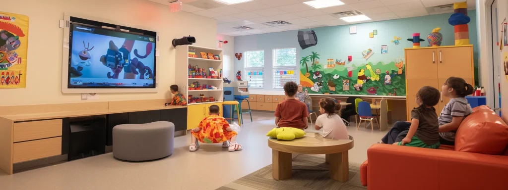 a bright and organized pediatric therapy clinic showcases a group of children engaged in various treatment sessions, with high-tech aac devices facilitating communication and therapists providing physical guidance, embodying an interdisciplinary approach to supporting angelman syndrome.