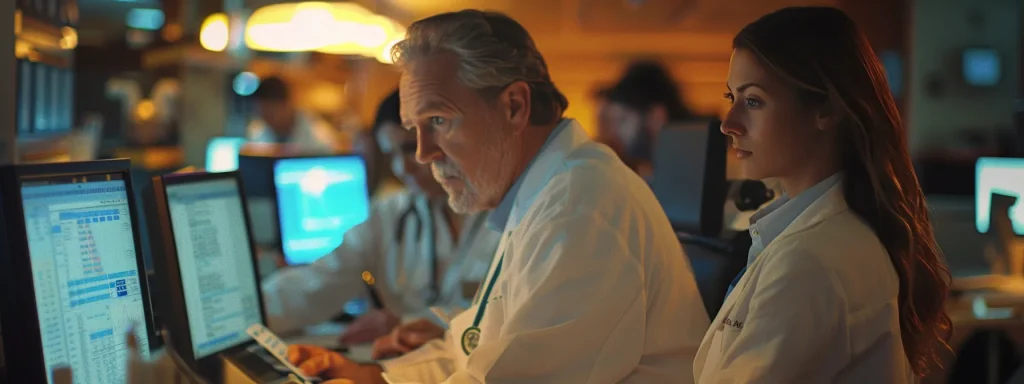 a bustling medical billing office filled with focused professionals analyzing complex data on multiple screens, highlighting the intricate balance of certifications, experience, and economic factors shaping their earning landscape.