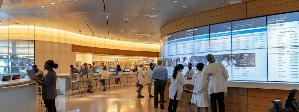 a bustling modern office environment showcasing a diverse team of healthcare professionals engaging in a dynamic discussion around a large digital screen displaying intricate billing data and electronic records, emphasizing the administration's proactive measures to combat surprise medical billing.